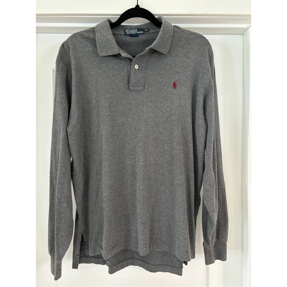 Polo Ralph Lauren Mens Long Sleeve Polo Shirt Gray Red Pony Cotton Medium